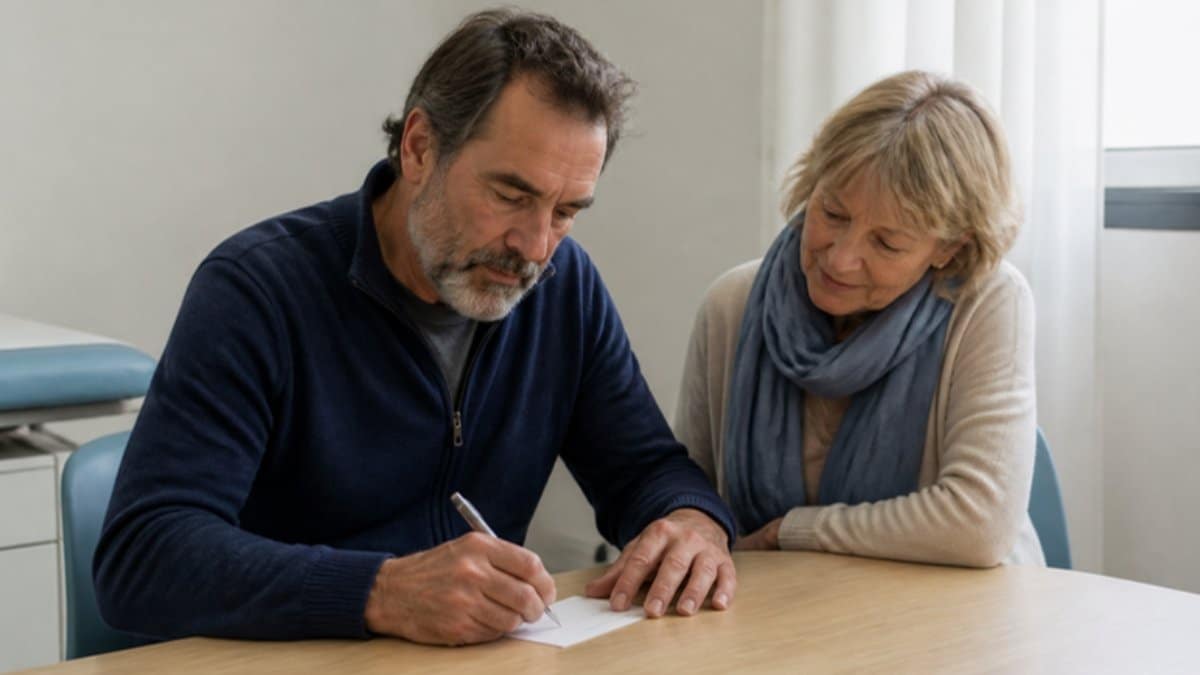 Autismo e Parkinson: homem de 58 anos escreve um cartão enquanto a irmã observa a letra dele