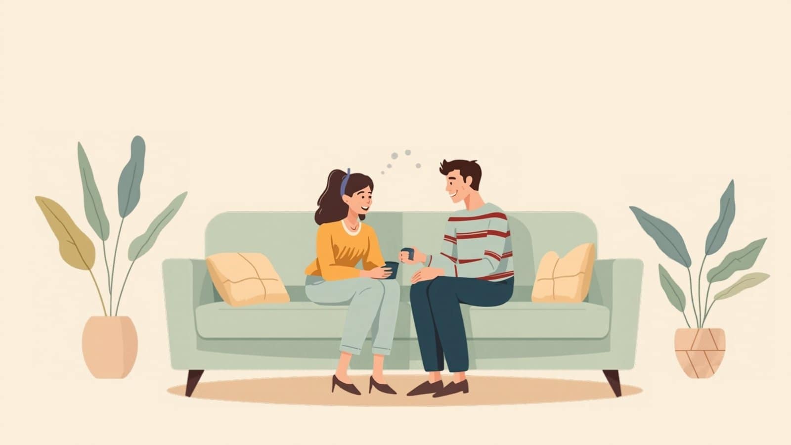 TDAH e autismo no relacionamento: ilustração de um casal conversando com calma no sofá